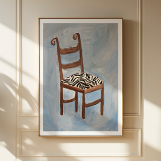 Wooden chair oil painting print with zebra upholstered seat and soft blue background
