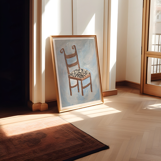 Wooden chair oil painting print with zebra upholstered seat and soft blue background