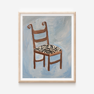 Wooden chair oil painting print with zebra upholstered seat and soft blue background